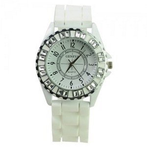 uNumaro Geneva Silicone Wristband Round Metal Frame dial Crystals Decor Quartz -White 