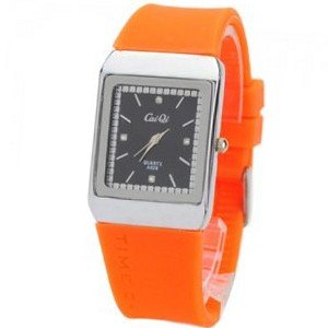 uNumaro Soft Silicone Band Rectangle Dial Waterproof and Stainless Steel Back Quartz Movement -Whtie dial and orange band 
