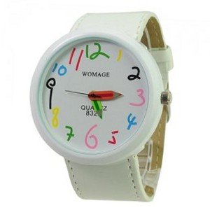 WOMAGE Cute Chronometer with Pencil Pointer/Round Dial/Quartz Movement/PU Leather Band-White