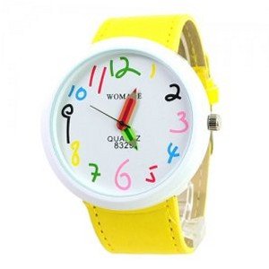 WOMAGE Cute Chronometer with Pencil Pointer/Round Dial/Quartz Movement/PU Leather Band-Yellow
