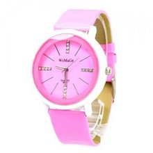 WOMAGE Graceful with Round Dial/PU Leather Band/Rhinestone Scale/Stainless Steel Back-Pink