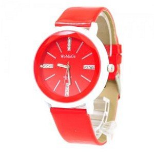 WOMAGE Graceful with Round Dial/PU Leather Band/Rhinestone Scale/Stainless Steel Back-Red