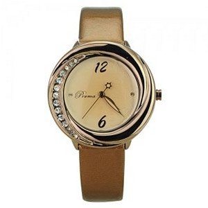 Woman Beautiful PU Leather Wristband Casual Rhienstone with Round Dial-Brown