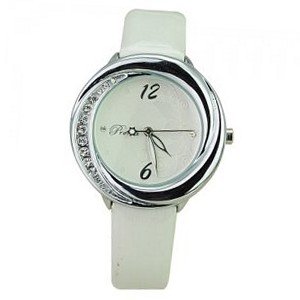 Woman Beautiful PU Leather Wristband Casual Rhienstone with Round Dial-White