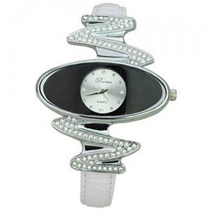 Woman Novelty PU Leather Wristband Strap Rhinestone with Round Dial-White