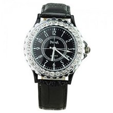 Woman PU Leather Wristband Casual with Round Dial Covered Rhinestone-Black