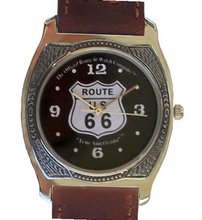 Western Style Route 66 Collectible By the Official Route 66 Company Has a Fancy Shape Polished Chrome Case with Artistic Decorative Black Enamel Embossing and Brown Western Style Leather Strap