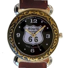 Western Style Route 66 Collectible By the Official Route 66 Company Has a Polished Chrome Case with Artistic Decorative Bronze Enamel Embossing and Brown Western Style Leather Strap
