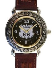 Western Style Route 66 Collectible By the Official Route 66 Company Has a Polished Chrome Case with Artistic Decorative Black Enamel Embossing and Brown Western Style Leather Strap