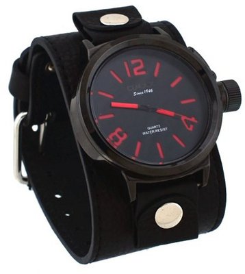 Omax #B002M22R-BG1 Wide Leather Band Black IP Russian Canteen Analog