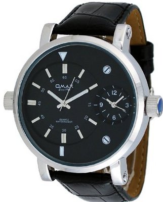 Omax #C001 Leather Band All Black Dial Oversize Dual Time Zone