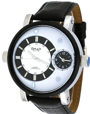 Omax #C001 Leather Band Silver Dial Oversize Dual Time Zone