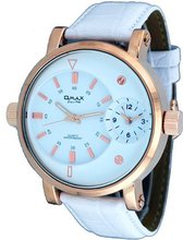 Omax #C001 White Leather Band Rose Gold Tone Oversize Dual Time Zone