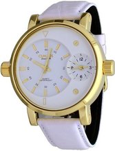 Omax #C001G331 White Leather Band Gold Tone Oversize Dual Time Zone