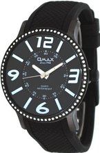 Omax #G002 Black Ion Plated Black Dial Black Silicone Band Crystal Accented