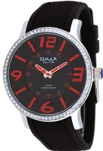 Omax #G002 Silver Tone Black Dial Black Silicone Band Crystal Accented