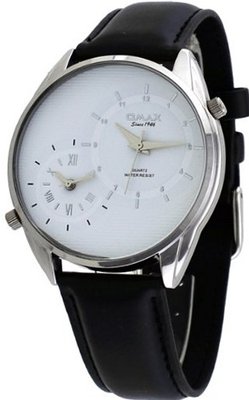 Omax #S002P321 Black Leather Band Silver Dial Dual Time Zone