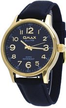 Omax #V003G22A Gold Tone Leather Band Easy Reader Analog