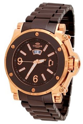 Oniss #ON670-MRG Rose Gold Trim Day/Date Sapphire Crystal Brown Ceramic