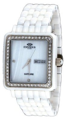 Oniss #ON7700-L Rectangular Crystal Accented Bezel MOP Dial White Ceramic