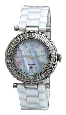 Oniss #ON819-L Stainless Steel Crystal Accented White Ceramic Band
