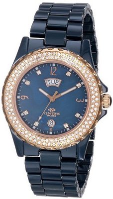 Oniss Paris ON6200-Lrg Blu Bello Princess Collection Ladies All Ceramic S/S Bezel with 116 Round Crystals Rose Tone Day/Date Swiss Parts Movement Rose Tone Pink