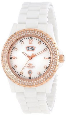 Oniss Paris ON6200-Lrg Wht Bello Princess Collection Ladies All Ceramic S/S Bezel with 116 Round Crystals Rose Tone Day/Date Swiss Parts Movement Rose Tone Blue