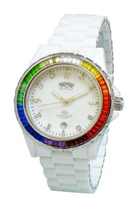 Oniss Paris ON6201-L Wht "Princess Bello" Rainbow Collection Ladies All Ceramic S/S Bezel with 60 Colors Baguettes Crystals Day/Date Swiss Parts Movement - White