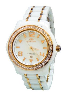 Oniss Paris ON806-Lrg Wht Ladies, High Tech Ceramic Case and Band with Stainless Steel Middle Links ,Ip Rose Plating ,Swiss Movement, Sapphire Crystal, Mop Dial,52 Austrian Crystals on Bezel - Blue