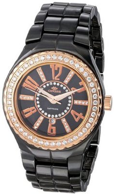 Oniss Paris ON807-Lrg Blk Lafayette Collection Ladies, High Tech Ceramic Case and Band, Swiss Movement, Sapphire Crystal ,45 Setting Austrian Stones on Bezel , Mop Dial with Austrian Crystal, Ip Rose - Pink