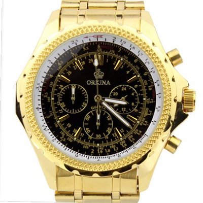Orkina Black Chronograph Dial Gold Color Stainless Steel Wrist PO004SGB