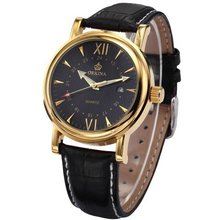 Orkina Black Dial Golden Case Leather Date Sport Quartz Wrist Gift ORK047