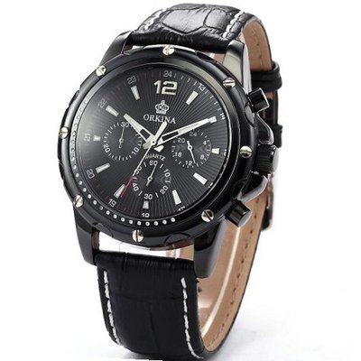 Orkina Black Dial Stop 24Hrs Sport Quartz Leather Wrist Gift ORK059