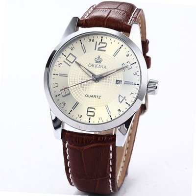 Orkina Boyfriend White Dial Date Sport Quartz Coffee Leather Wrist ORK056