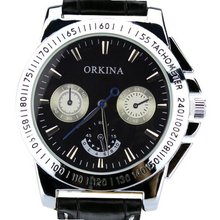 Orkina Decorative Chrono Dial Quartz Leather Black Strap Wrist P103-Black