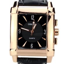 Orkina Elegant Rectangular Rose Gold Case Black Dial Quartz Leather Strap Wrist W077R