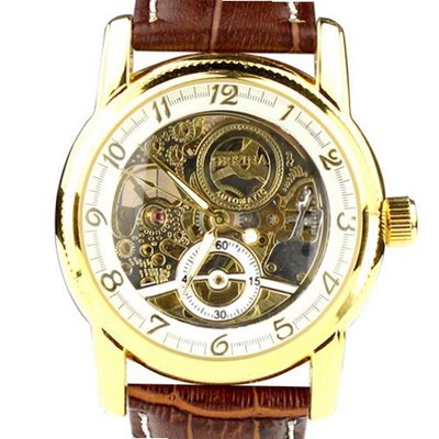 Orkina Golden Case Transparent Mechanical Dial Brown Leather Strap Wrist MG016WB