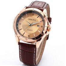 ORKINA Luxury Gold Tone Round Dial Date Brown Leather Band Sport ORK083