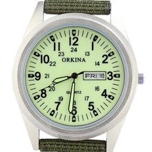 Orkina Military Light Green Dial Quartz Nylon Fabric Band Date Day Wrist