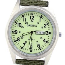 Orkina Military Light Green Dial Quartz Nylon Fabric Band Date Wrist P104CA-SLG