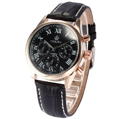 ORKINA Rose Gold Stainless Steel Chronograph Black Leather Wrist New ORK153