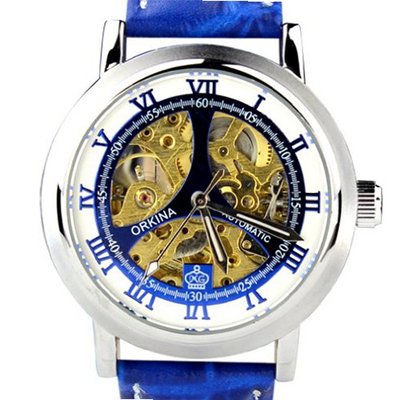 Orkina Silver Case Hollow Mechanical Skeleton Dial Leather Strap Wrist