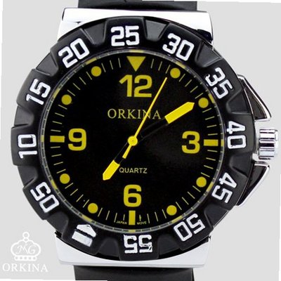 Orkina Sports Black Dial Face Yellow Letters Quartz Silicone Strap Wrist W004-Y