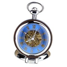 Orkina Vintage Silver Color Hand-Wind Mechanical Blue Hollow Dial Roman Numeral Pocket W117-BR
