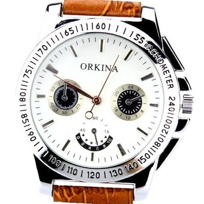 Orkina White Decorative Chrono Dial Quartz Leather Brown Strap Wrist P103-W