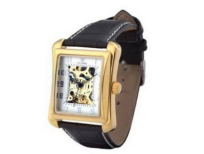 Ouyawei Black Leather Band White Dial Golden Shell Hollow es Water-Proof Mechanical Rectangle es
