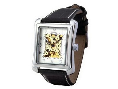 Ouyawei Black Leather Band White Dial Silver Shell es Water-Proof Mechanical Rectangle Hollow es