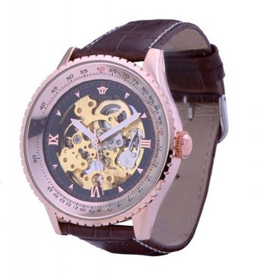 Ouyawei Business Gold And Black Dial Brown Leather Strap Mechanical es