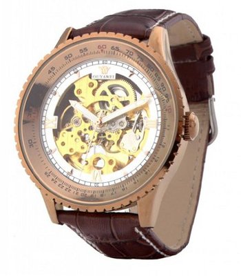 Ouyawei Business Gold And White Dial Brown Leather Strap Mechanical es