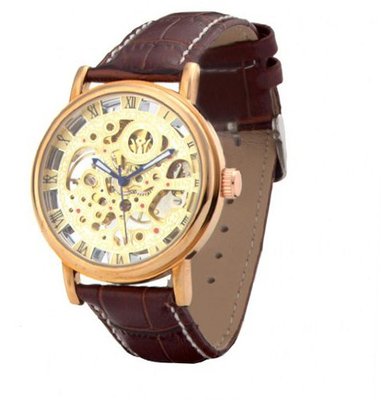Ouyawei Business Rose Gold Dial Brown Leather Strap Mechanical es